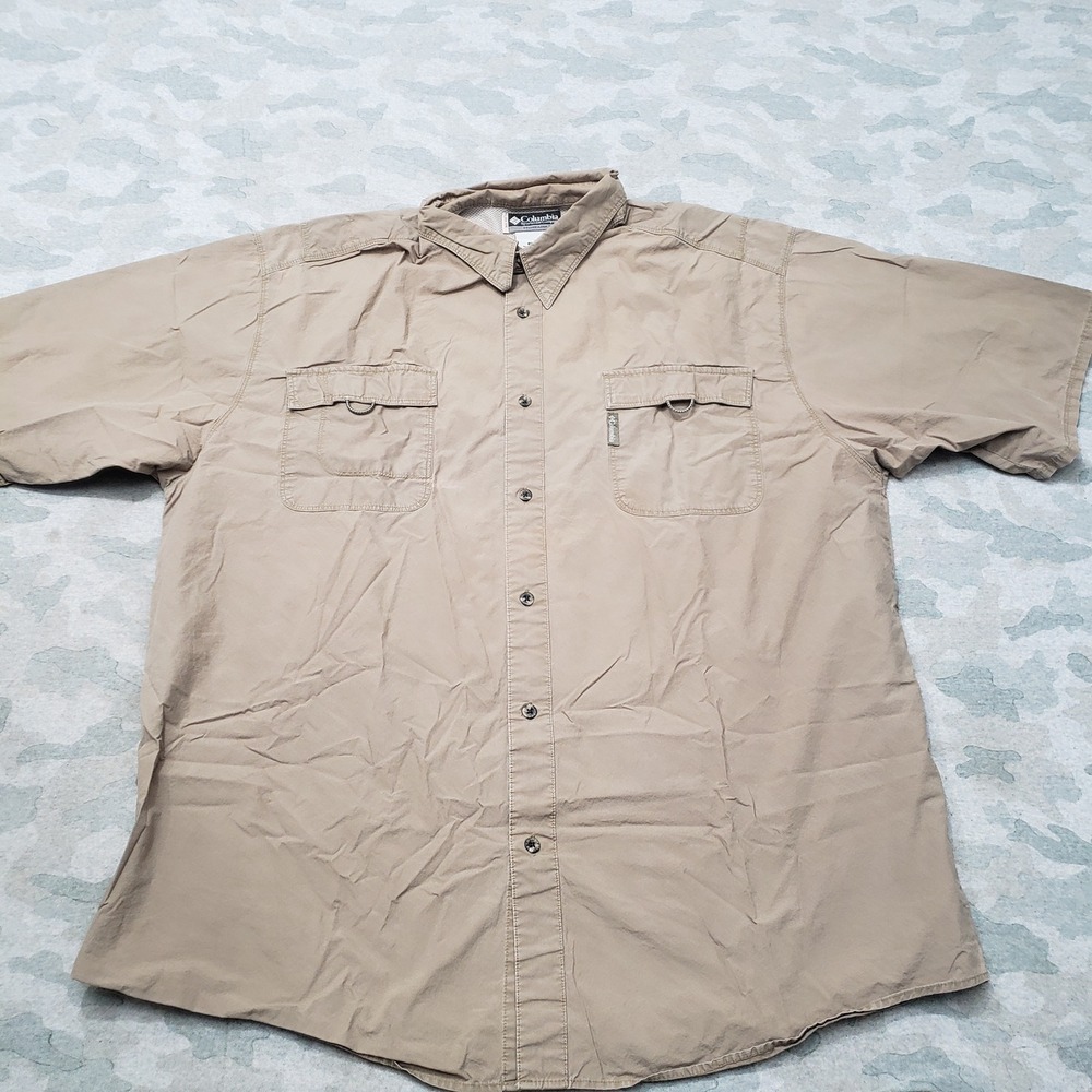 Columbia PFG Shirt Mens 2XT Brown Pockets Fishing Short Sleeve Button-Up